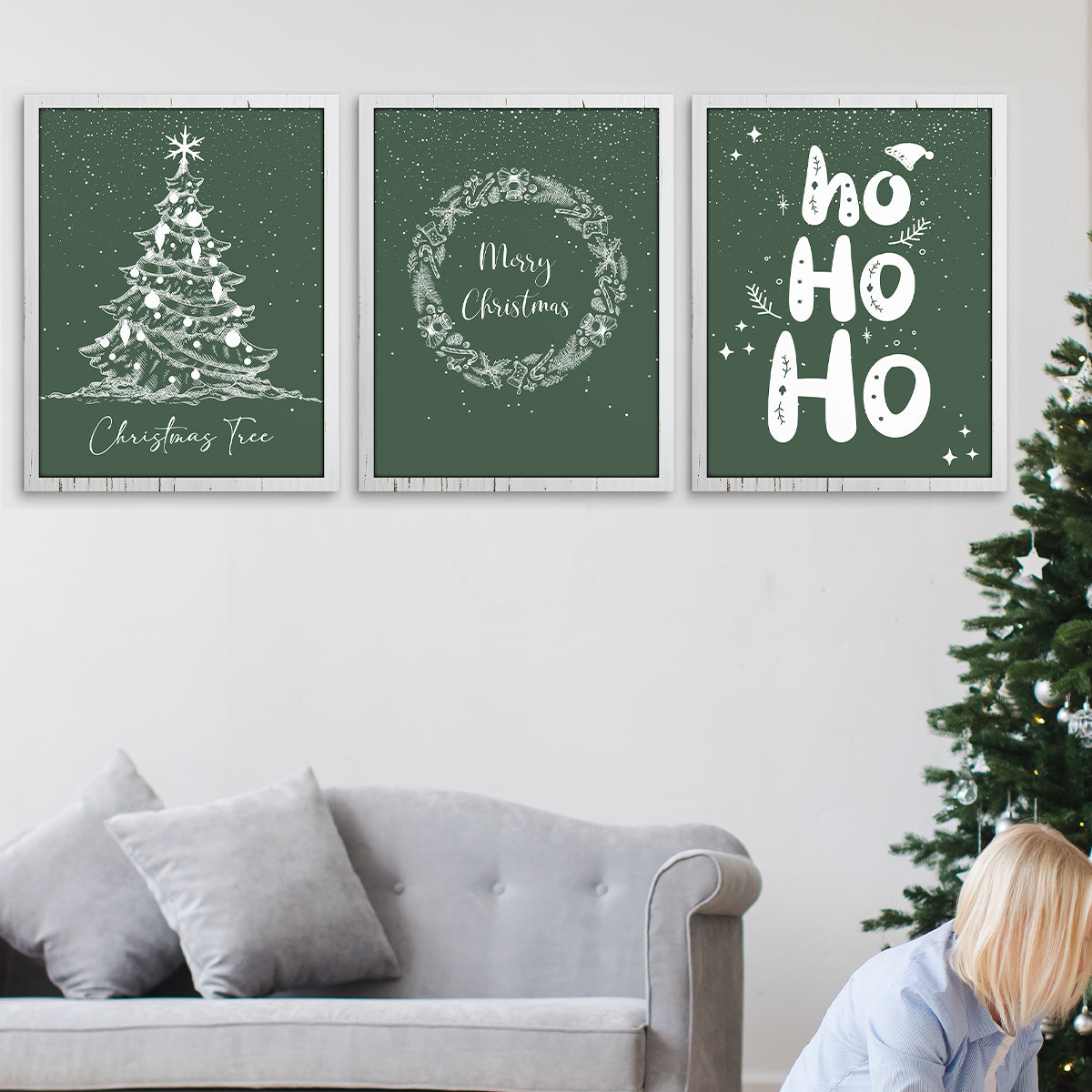 3pcs Green Christmas Wall Art Set – Tree, Wreath, and Ho Ho Ho Canvas