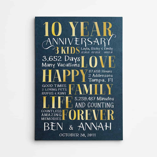10 Year Anniversary Milestone Custom Canvas Print – Blue & Gold