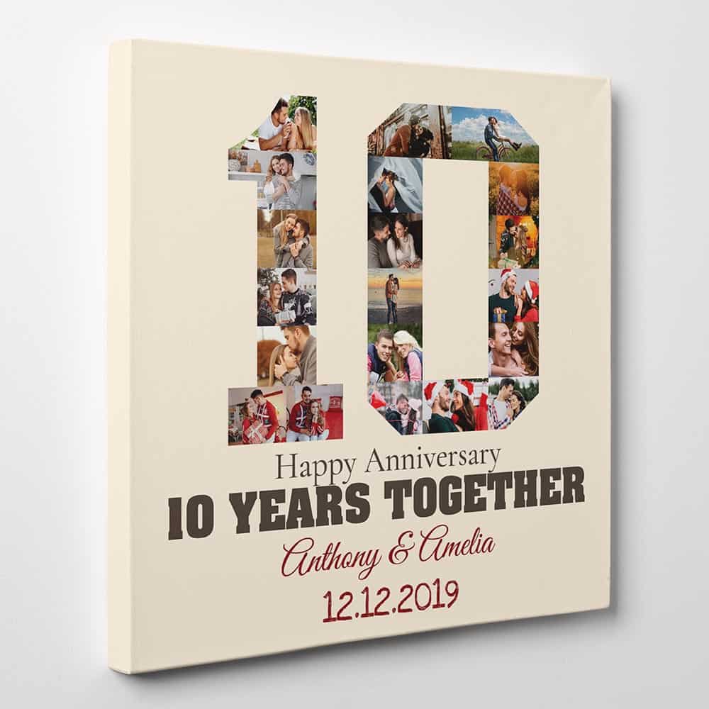 10 Year Anniversary Photo Collage Canvas Print - beige background
