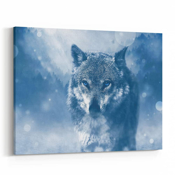 Gray Wolf With Bright Blue Eyes – Close Up Canvas Wall Art