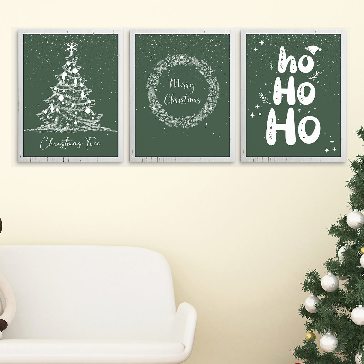 3pcs Green Christmas Wall Art Set – Tree, Wreath, and Ho Ho Ho Canvas