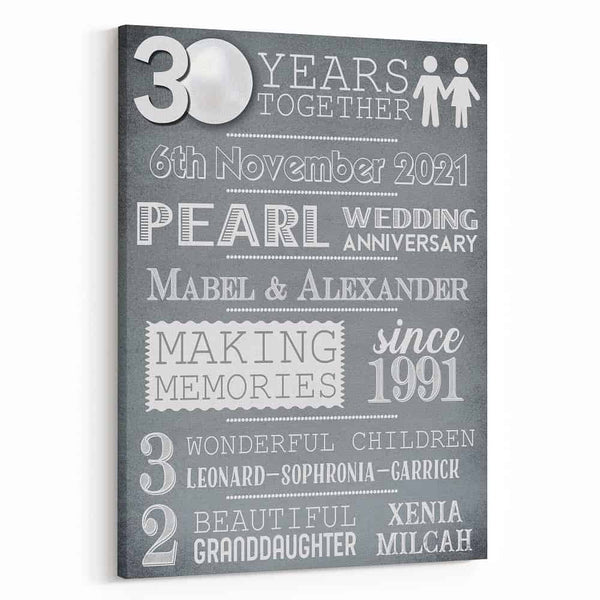 30 Years Pearl Wedding Anniversary  Custom Canvas Print