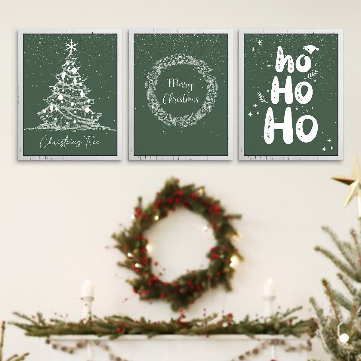3pcs Green Christmas Wall Art Set – Tree, Wreath, and Ho Ho Ho Canvas