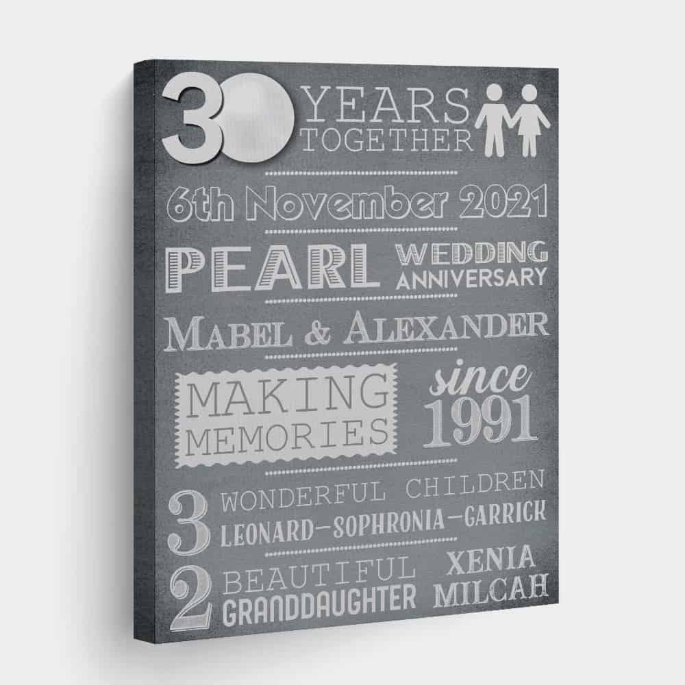 30 Years Pearl Wedding Anniversary  Custom Canvas Print