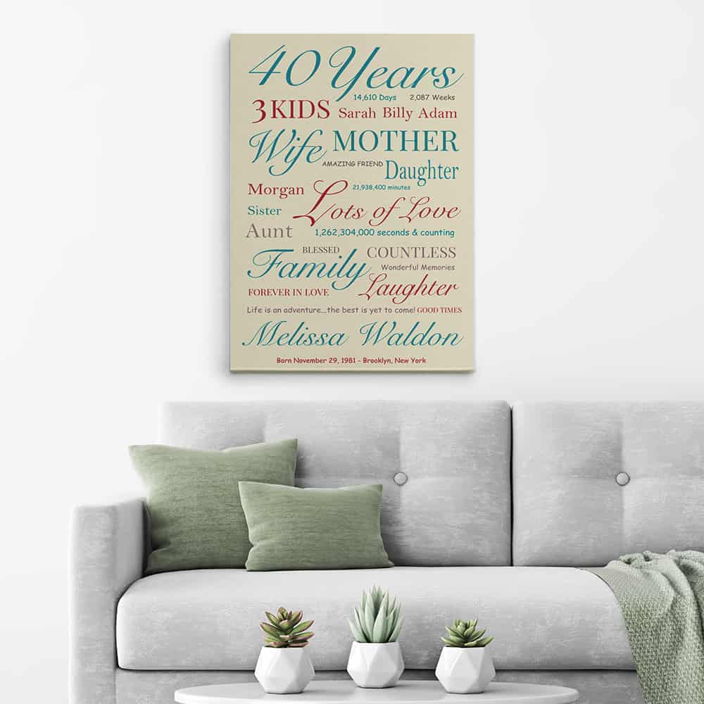 40th Birthday Party Stats Custom Canvas Print for women