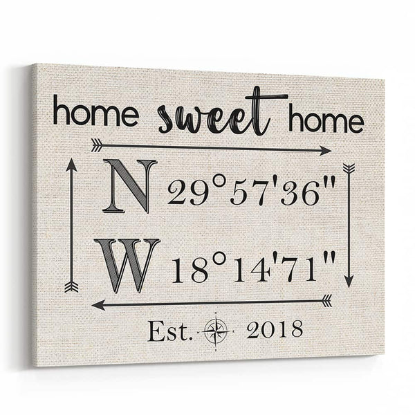 Home Sweet Home Latitude Longitude Canvas Print