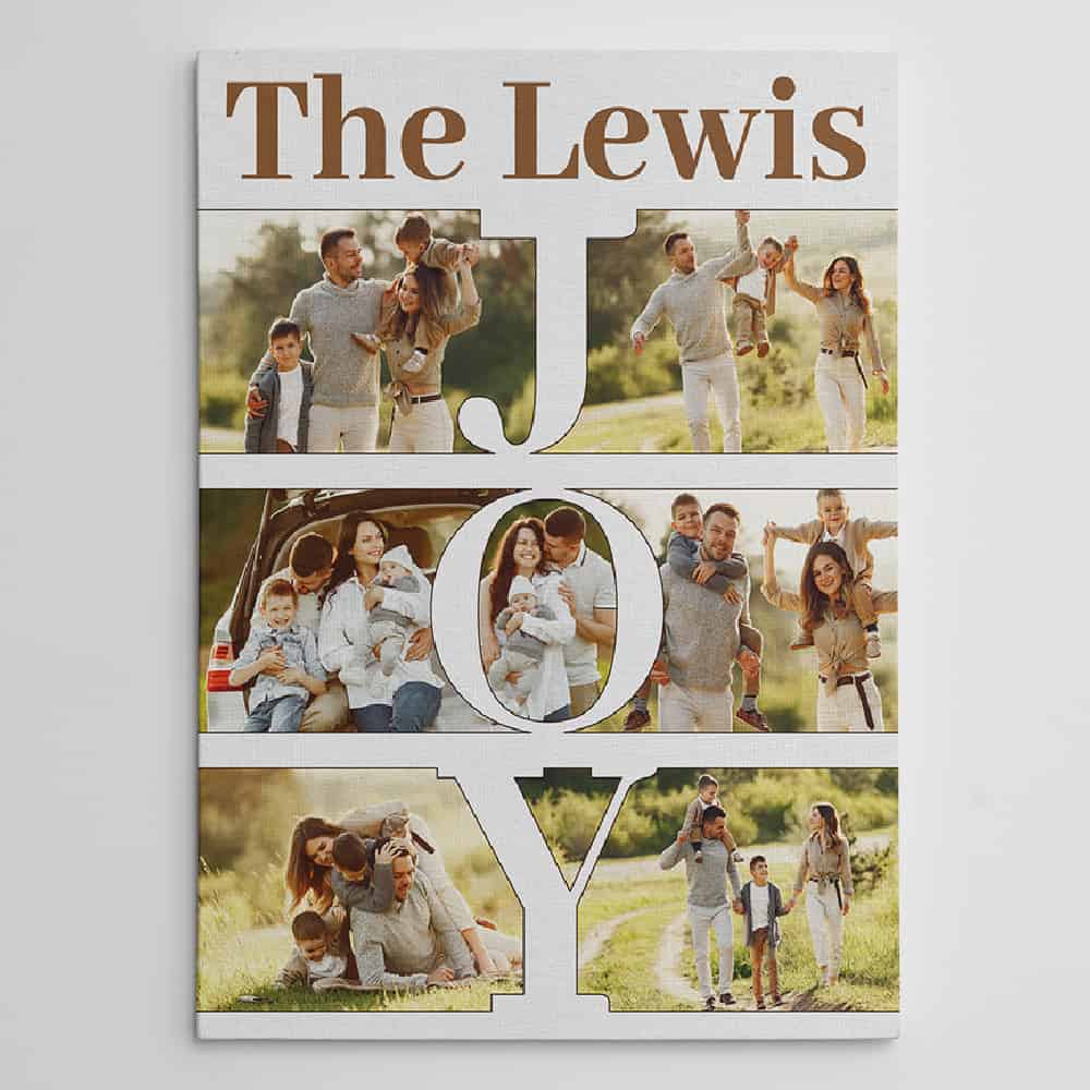 Personalized JOY Photo Collage With Family Name Canvas Print