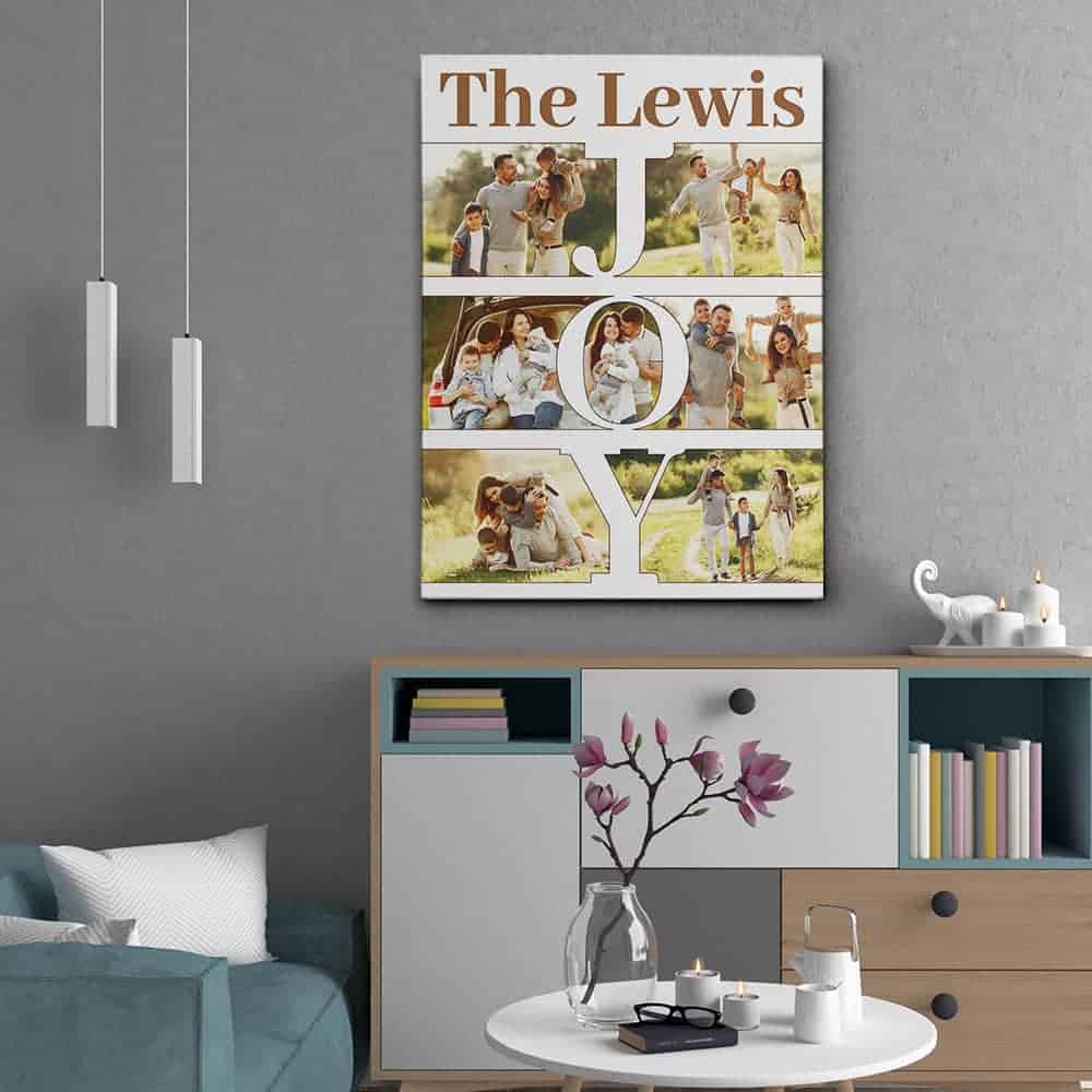 Personalized JOY Photo Collage With Family Name Canvas Print