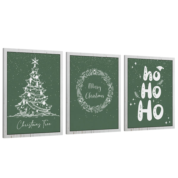 3pcs Green Christmas Wall Art Set – Tree, Wreath, and Ho Ho Ho Canvas