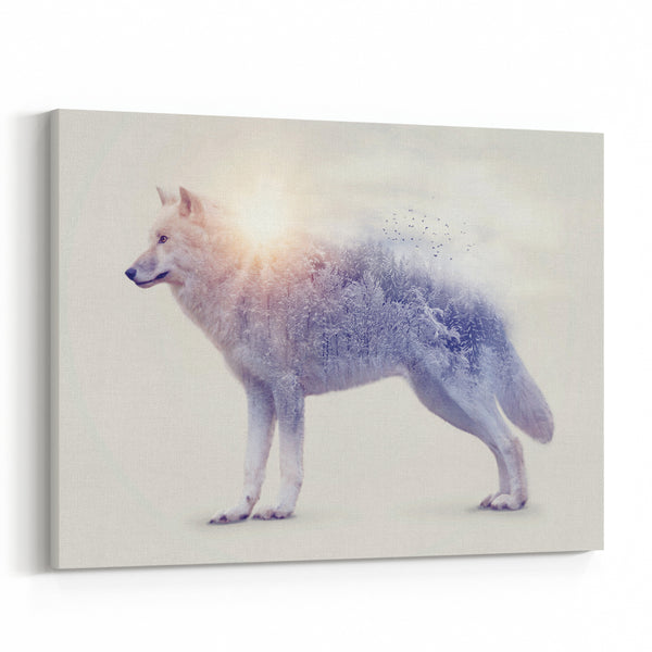 Wolf And Forest Double Exposure Canvas Wall Art