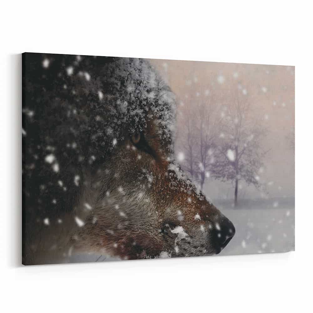 Wolf In The Snow Portrait Canvas Wall Art