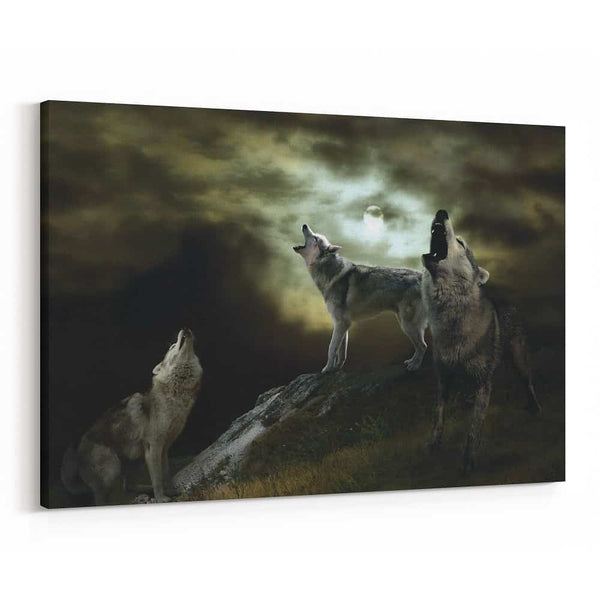 Wolves Howling At The Moon Canvas Wall Art