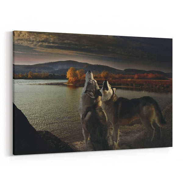 Wolves Howling By The Lake Canvas Wall Art