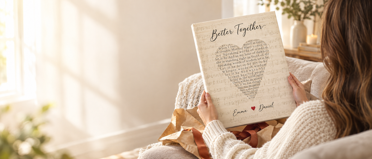 Woman holding up a personalized song lyrics canvas she just unwrapped