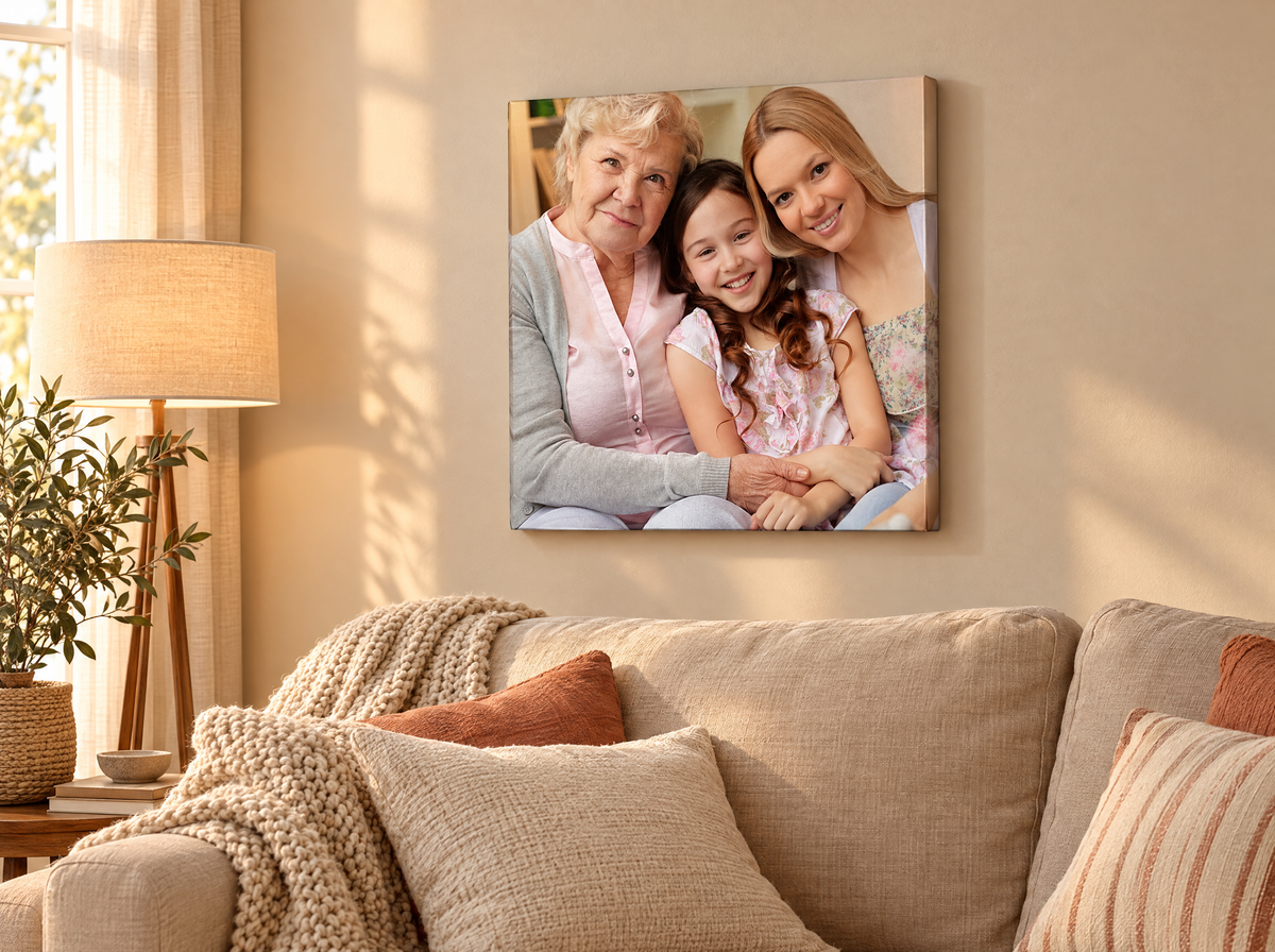 Custom photo canvas hanging above a sofa