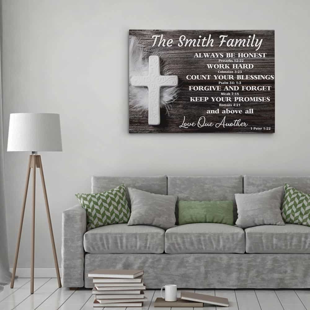 Christian Family Rules Canvas Wall Art hanging above a sofa