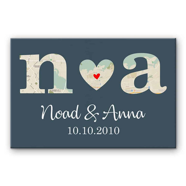 Custom Map Letters Anniversary Canvas Print