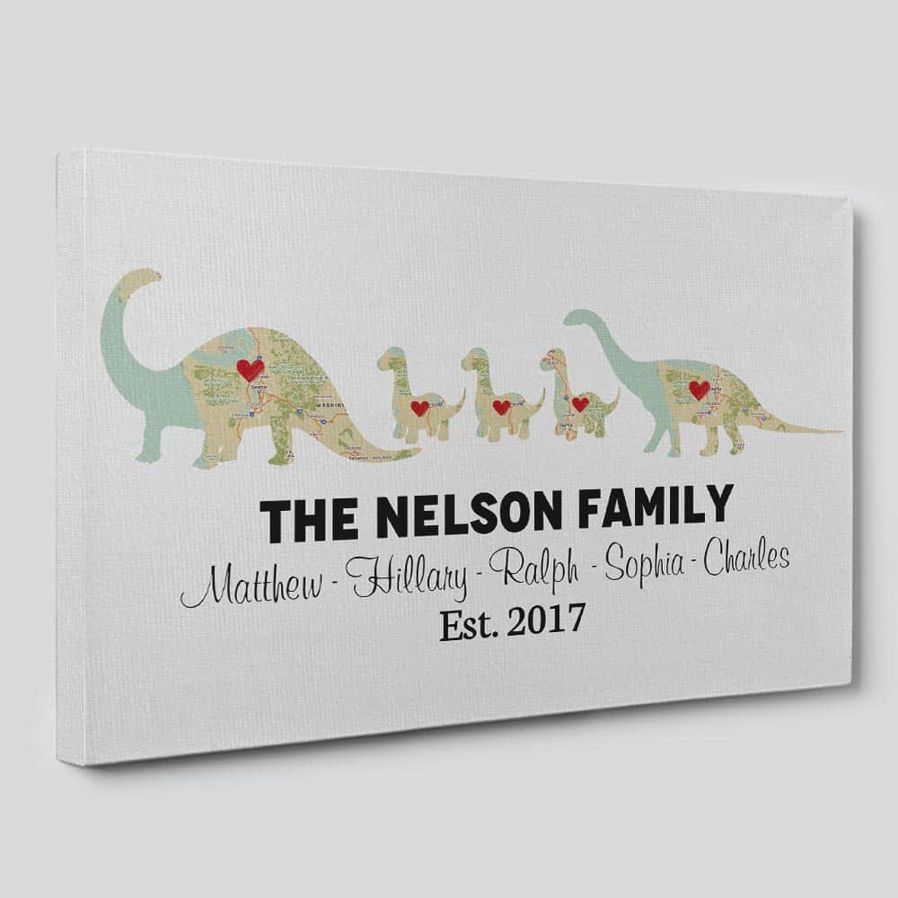 Dinosaur Family Map Canvas Print - 3 kids