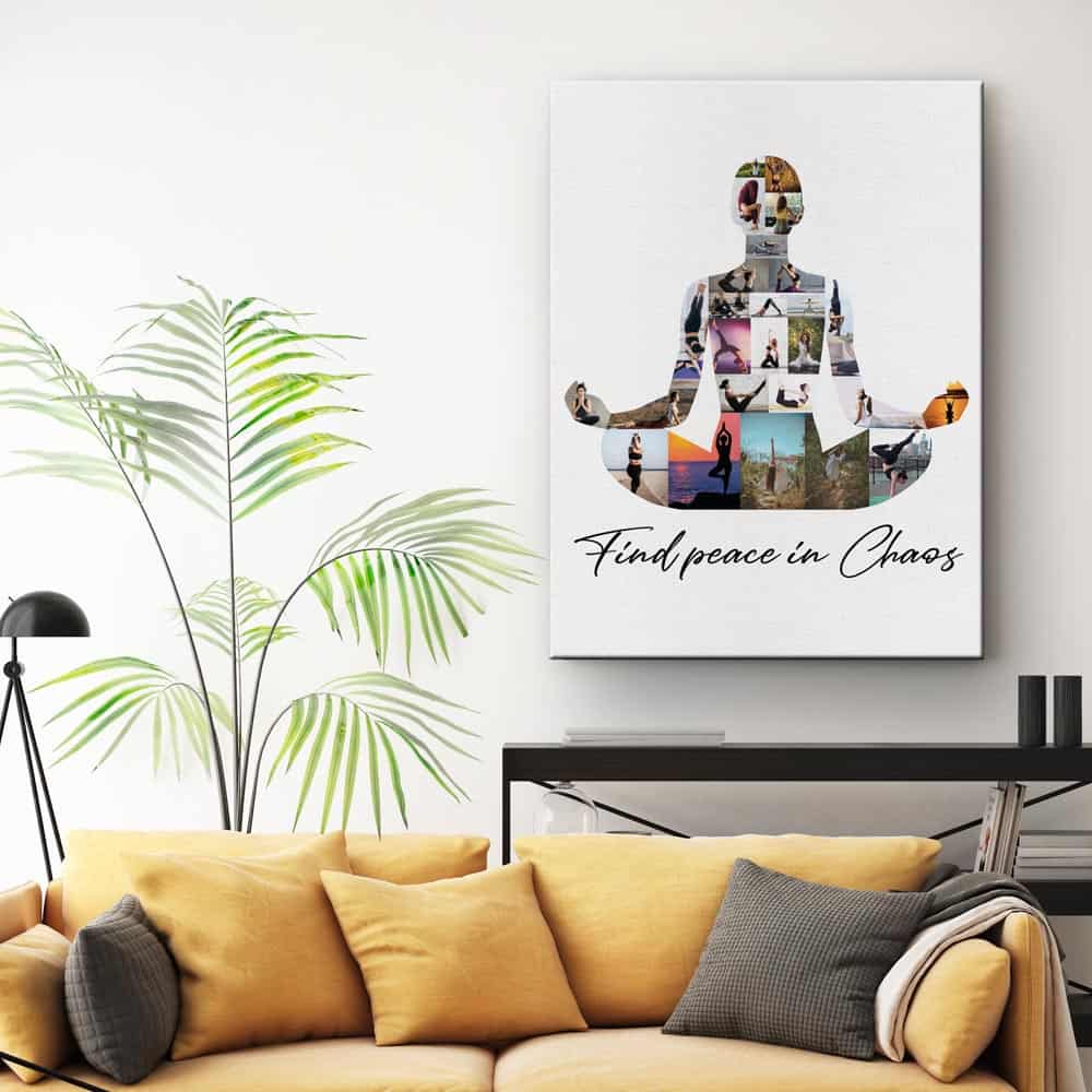Find Peace In Chaos - Yoga Photo Collage Canvas Print above a sofa