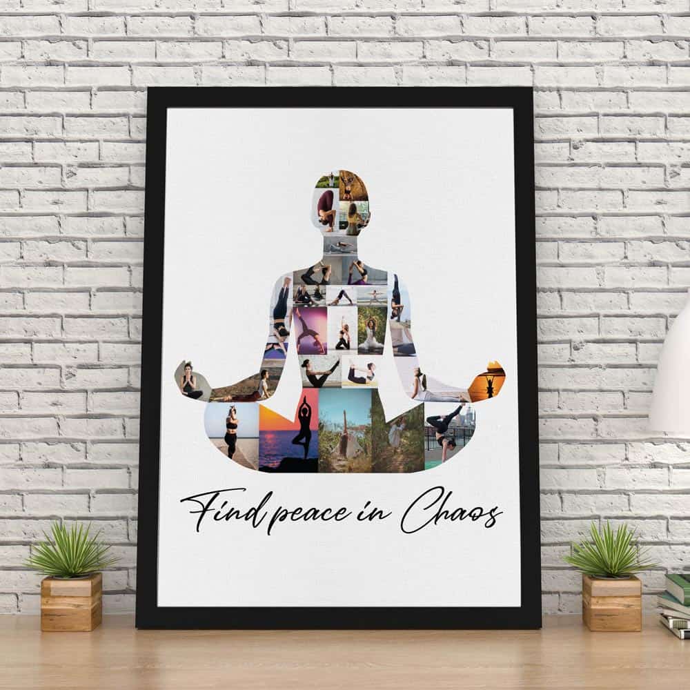 Find Peace In Chaos - Yoga Photo Collage Canvas Print on the table