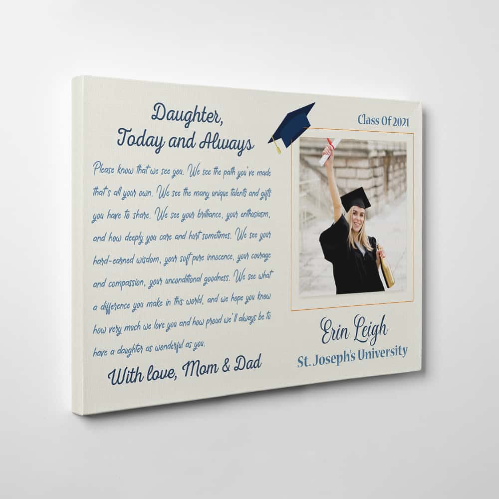Daughter Today and Always Graduation Photo Canvas Print - Side View