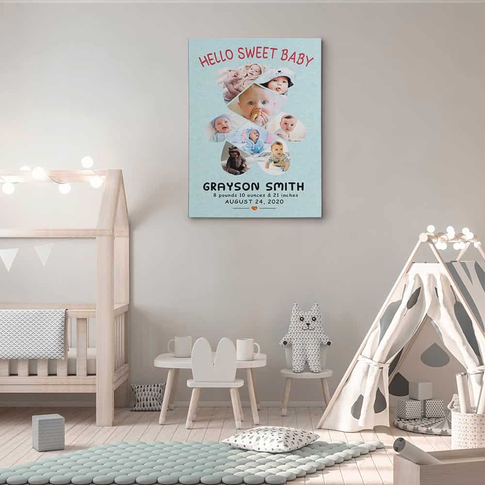 “Hello Sweet Baby” Custom Birth Stats Photo Canvas Print