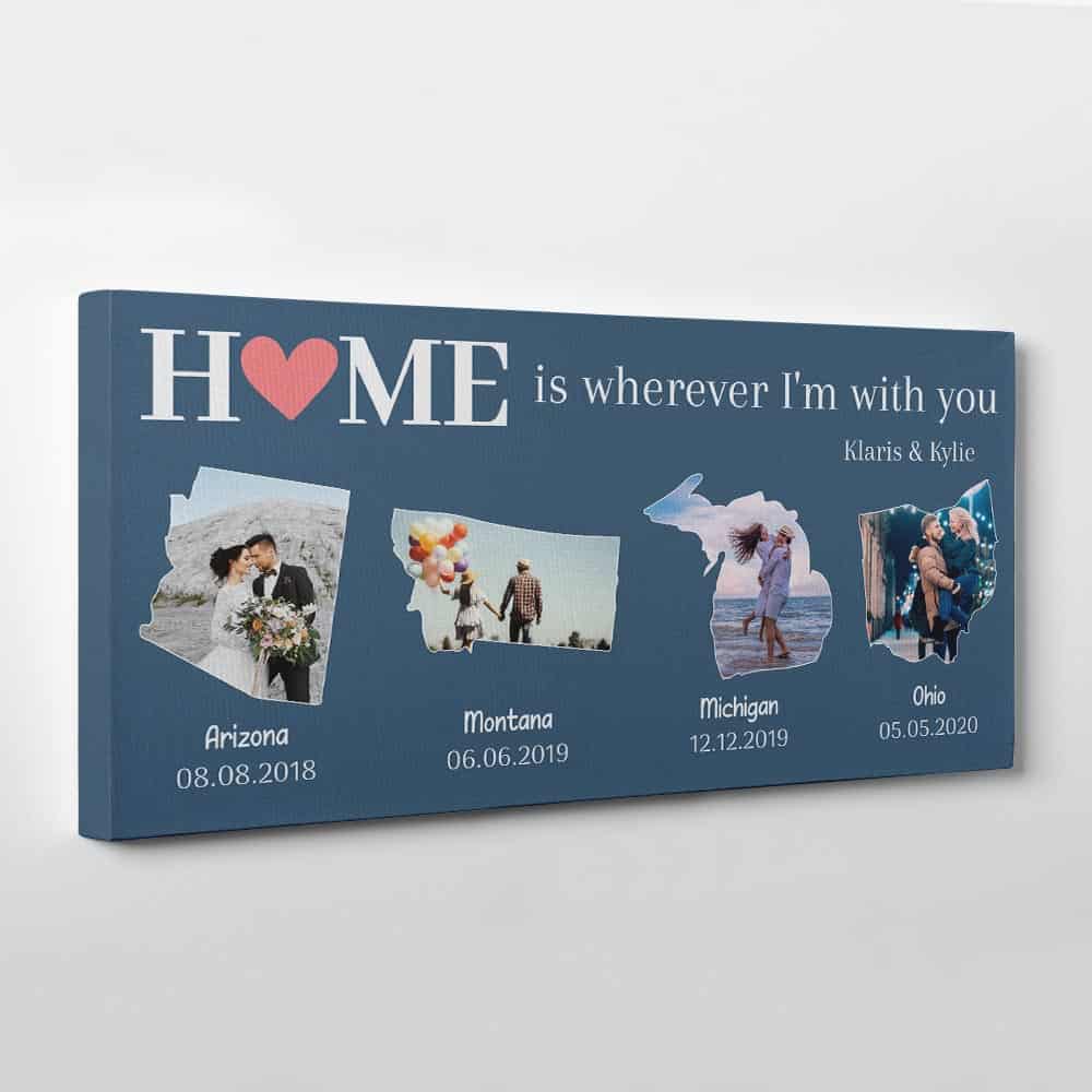 Home Is Wherever I’m With You Custom Map Shape Photo Canvas Print