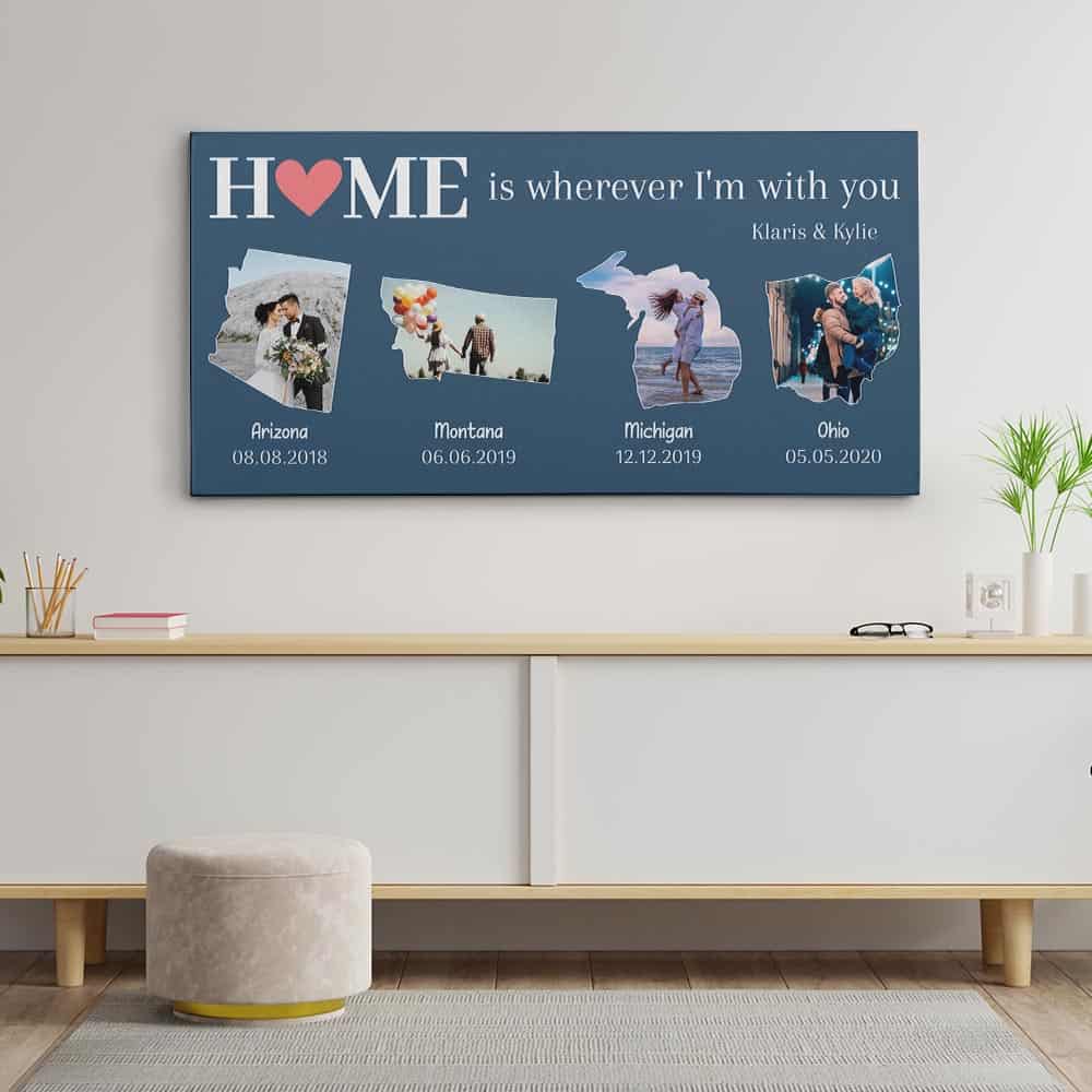 Home Is Wherever I’m With You Custom Map Shape Photo Canvas Print
