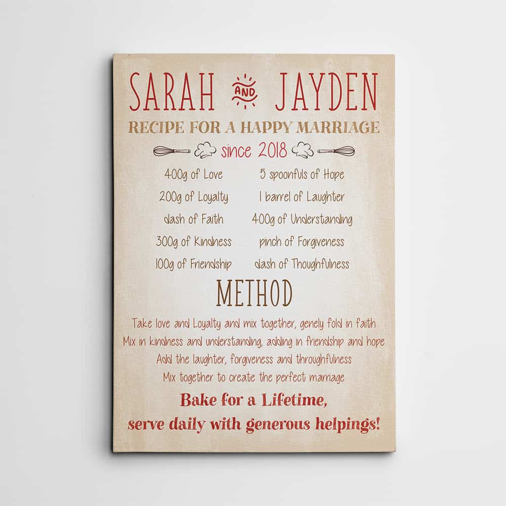 recipe for a happy marriage custom canvas sign - gift for couples