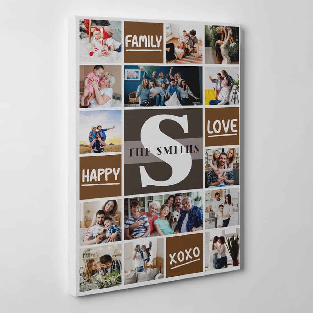 A monogram family photo collage canvas print with color blocks and 15 photos