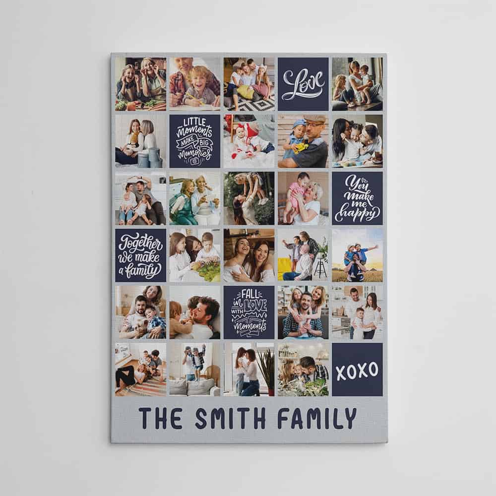 A family photo collage canvas print with color blocks and 15 photos