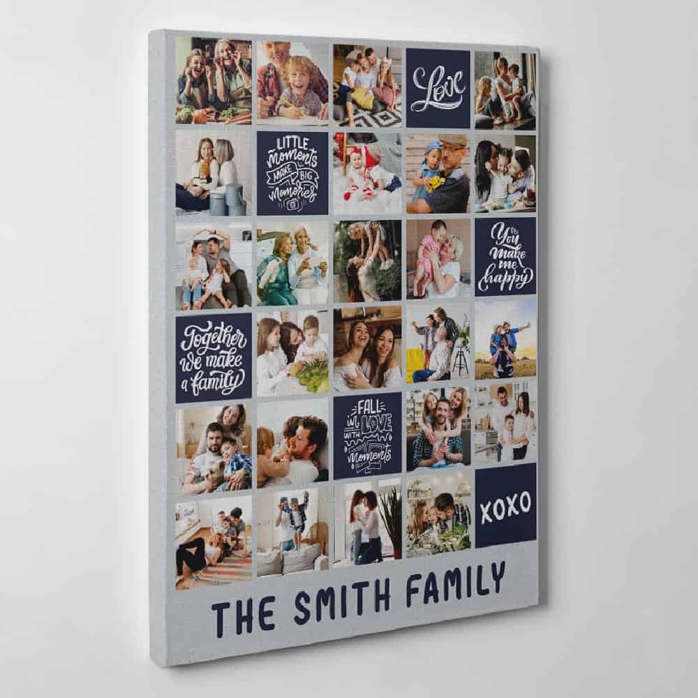 A family photo collage canvas print with color blocks and 15 photos