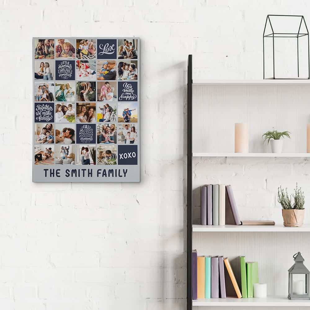 A monogram family photo collage canvas print with color blocks and 15 photos