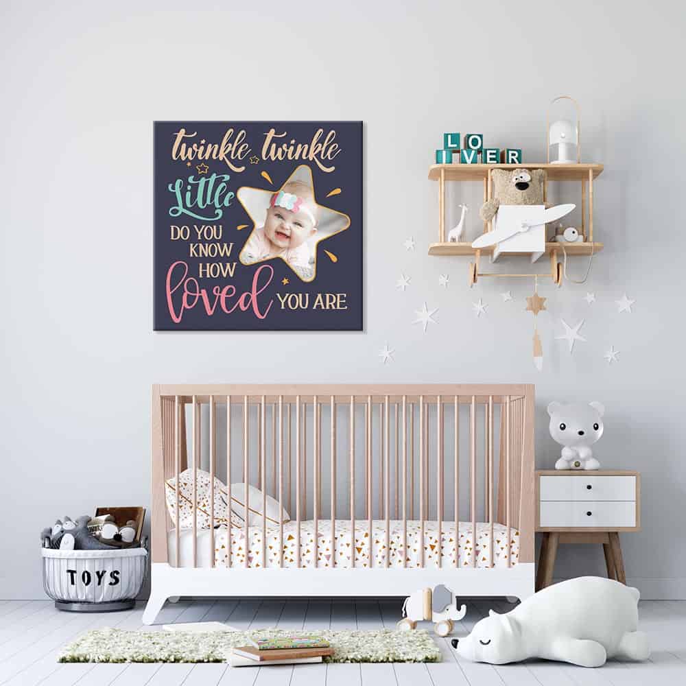a nursery room with a photo canvas print that says twinkle twinkle little star do you know how loved you are