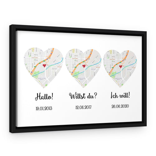 (German) Hello – Will You – I Do Map Canvas Print, Anniversary Gift – Black Floating Frame – Without Names