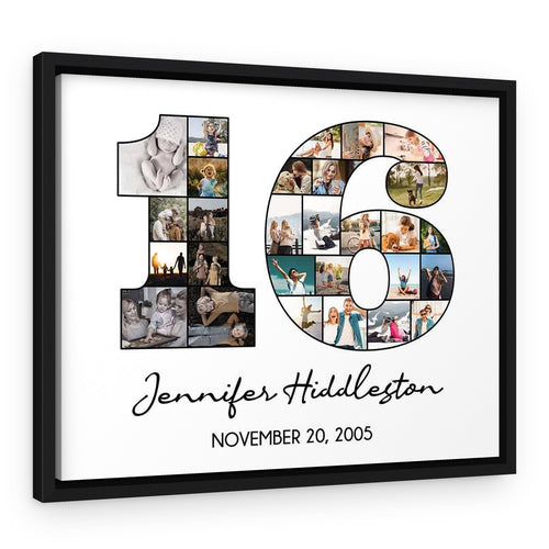 16th Birthday Photo Collage Canvas Print – Black Floating Frame – Design A