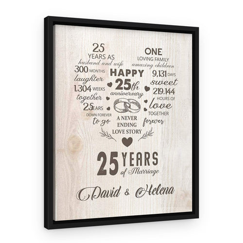 25th Custom Anniversary Milestone – A Never Ending Love Story Canvas Print – Black Floating Frame – Design B