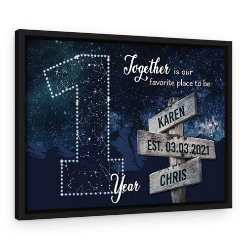 1 Year Together Star Map Street Sign Names Canvas Gift – Black Floating Frame – 2 Names