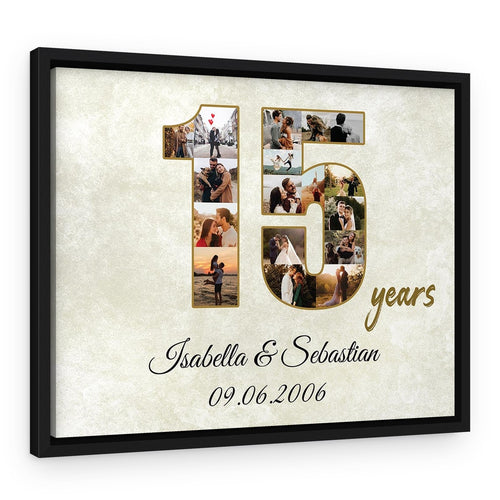 15th Anniversary Canvas – Custom Number Photo Collage with 17 Pictures – Black Floating Frame
