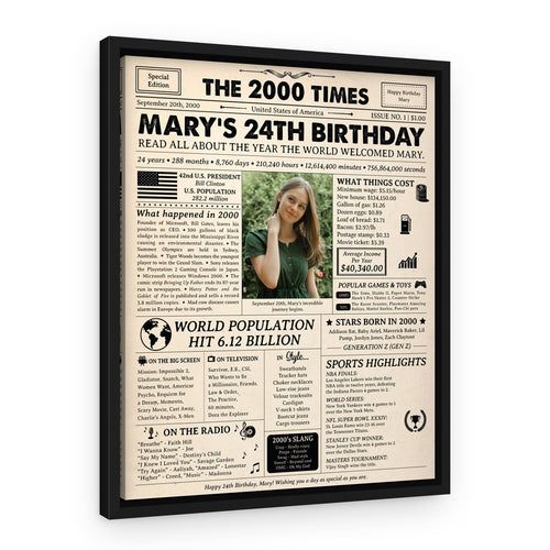 24th Birthday Gift: 2000 Birthday Newspaper Canvas – Black Floating Frame