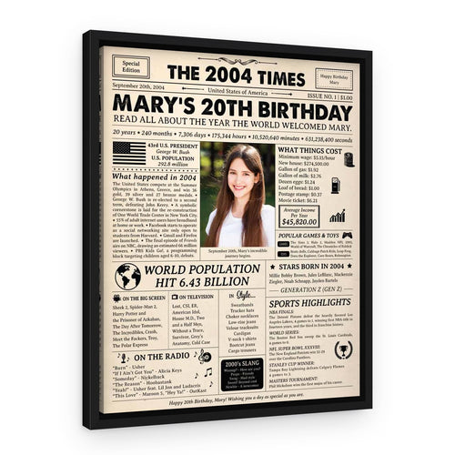20th Birthday Gift: 2004 Birthday Newspaper Canvas – Black Floating Frame