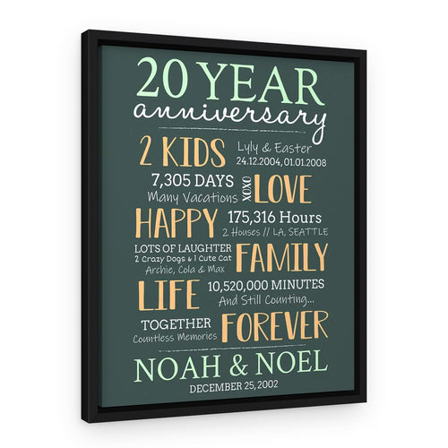 20-Year Milestone Anniversary Custom Canvas Print – Black Floating Frame – With Children and Pets