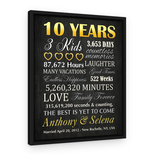10th Anniversary Milestone Custom Canvas – Black & Gold – Black Floating Frame