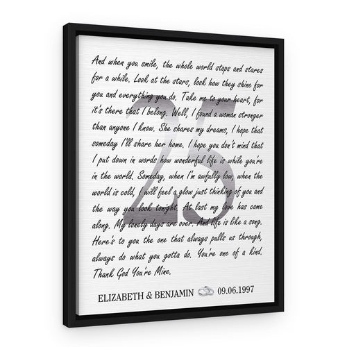 25th Silver Anniversary Canvas Print – Handwritten Song Lyrics with Hidden Number 25 (Any Song) – Black Floating Frame – Portrait