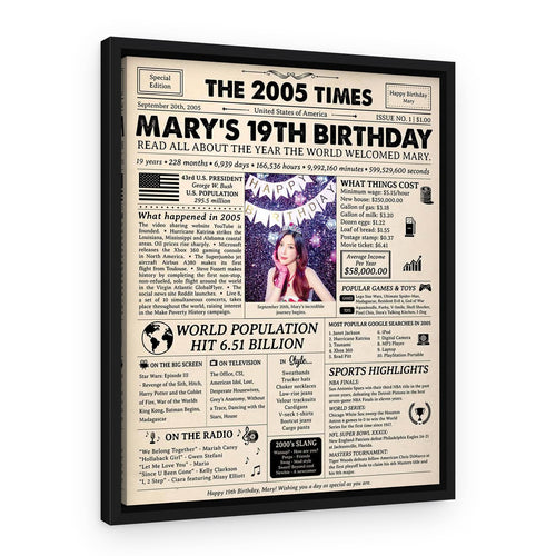 19th Birthday Gift: 2007 Birthday Newspaper Canvas – Black Floating Frame