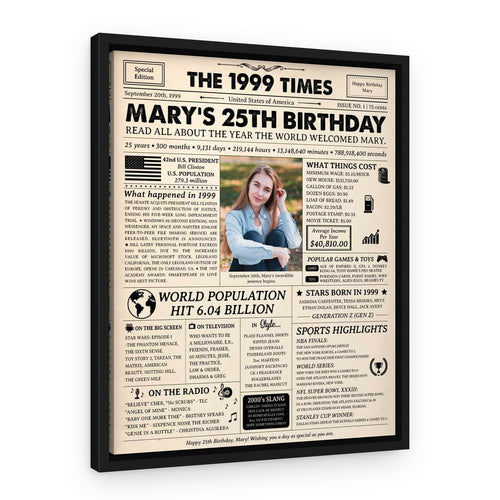 25th Birthday Gift: 1999 Birthday Newspaper Canvas – Black Floating Frame