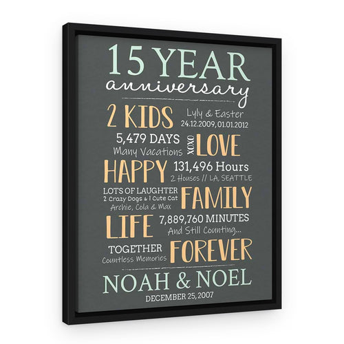 15 Year Milestone Anniversary Custom Canvas Print – Black Floating Frame – With Children and Pets