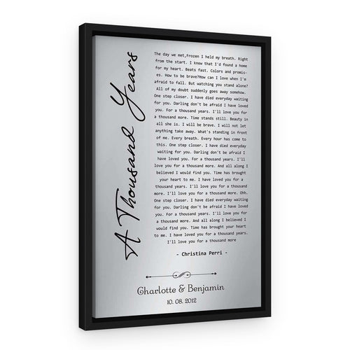 10-Year Tin Anniversary Aluminum Song Lyrics Custom Canvas Print – Black Floating Frame