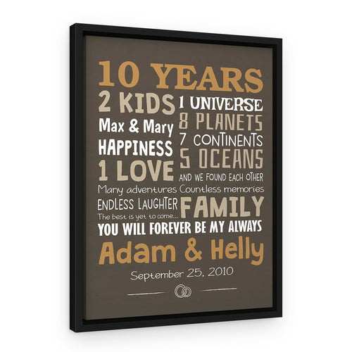 10-Year Milestone Vintage-Style Family Canvas Print – Black Floating Frame