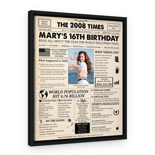 16th Birthday Gift: 2008 Birthday Newspaper Canvas – Black Floating Frame